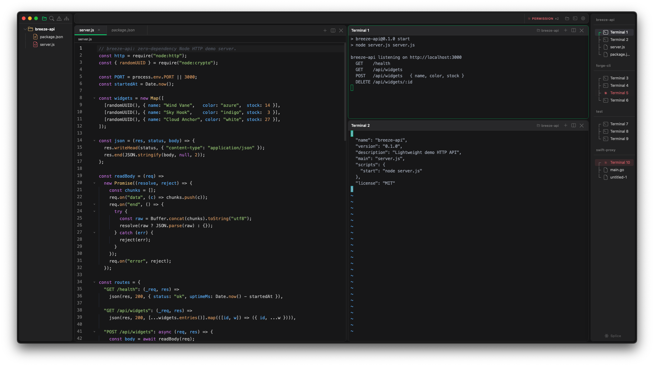 Splice — file explorer, code editor, and multiple terminal panes