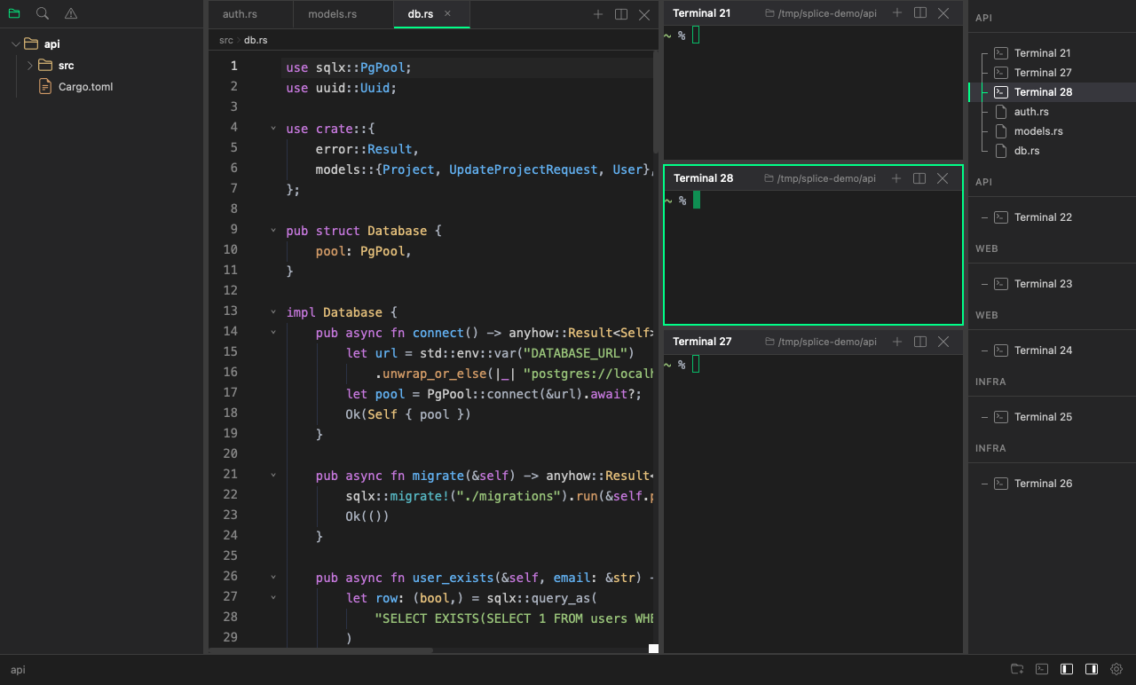 Splice — three workspaces open with file explorer and TypeScript code